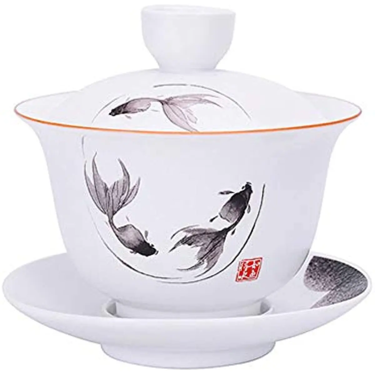 

Porcelain Gaiwan 8oz Teacup White Glazed Tureen Chinese Sancai Cover Bowl Lip Cup Saucer Set (Fish)