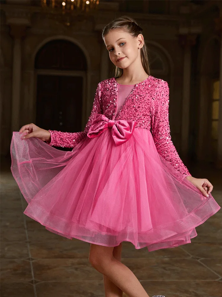 V-Neck Long-Sleeved Velvet Bow Pink Girl Birthday Party Evening Dress Luxury Girl Stage Performance Shiny Evening Dress