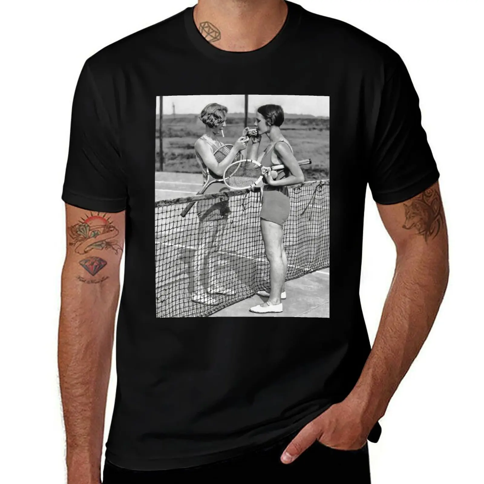 Women Tennis Players, Cigarette Break, Vintage Black and White Art T-Shirt Heavy Duty Casual Work Tee T-Shirt