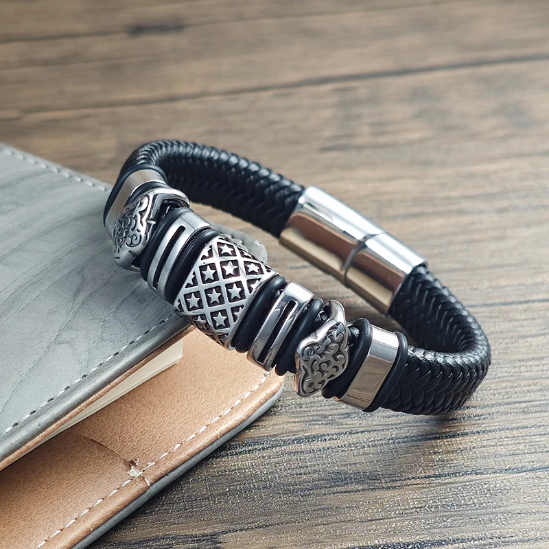 Men Stainless Steel Bracelet Braided Leather Wristband with Star Pattern & Cloud Beads Magnetic Clasp Punk Jewelry Gift Husband