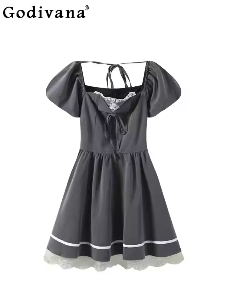 

Spring Summer Large Size Puff Sleeve Girl Square Neck High Waist Dress Fashion Loose Age Reduction College Short Sleeve Dress