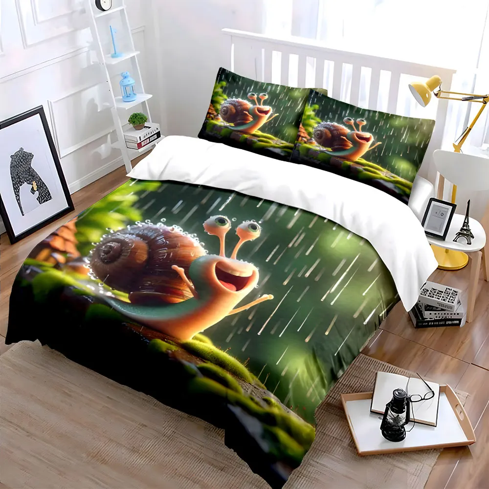 Cheerful snail enjoying raindrops Print Bedding Set 1 Duvet Cover 2 Pillowcases for Adult and Children Luxury Gift Full Size