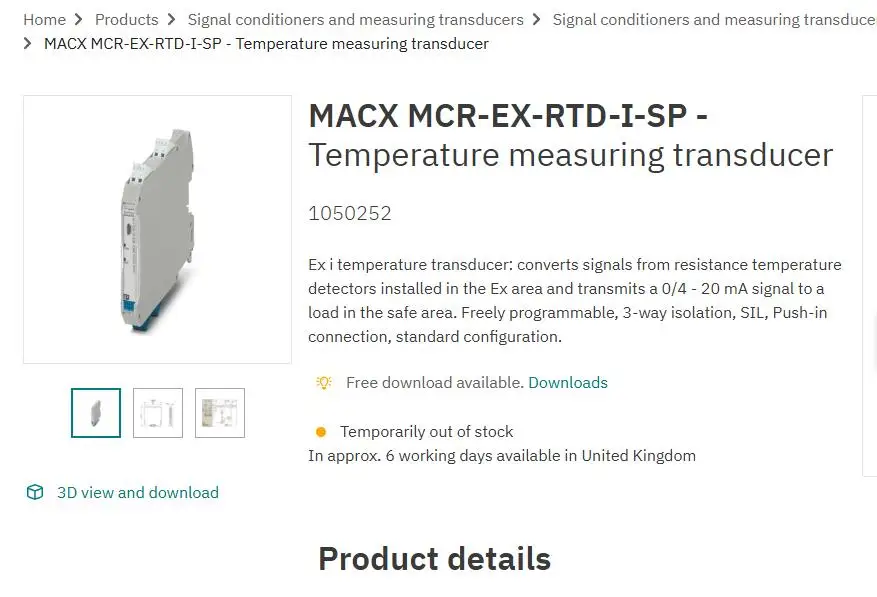 Temperatura medição transdutor, 1050252 para Phoenix, MACX MCR-EX-RTD-I-SP