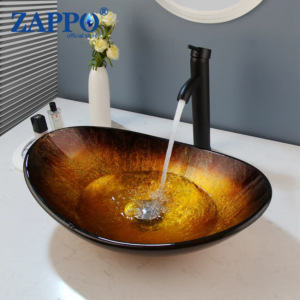 

ZAPPO Bathroom Vessel Sink Vessel Sink with Faucet Boat Shape Bathroom Sink Above Counter,Artistic Tempered Glass Vessel Sink