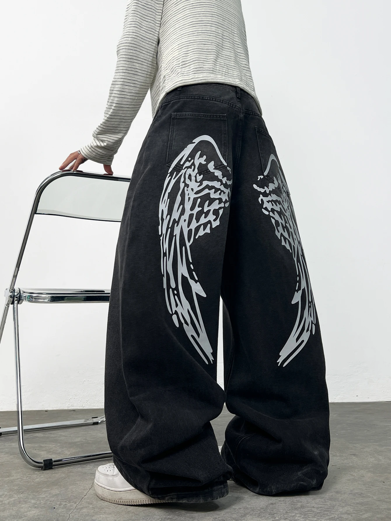 American Vintage Angel Wing Print Design Black Men's Loose Jeans Y2K Street Fashion Versatile Wide-Leg Pants