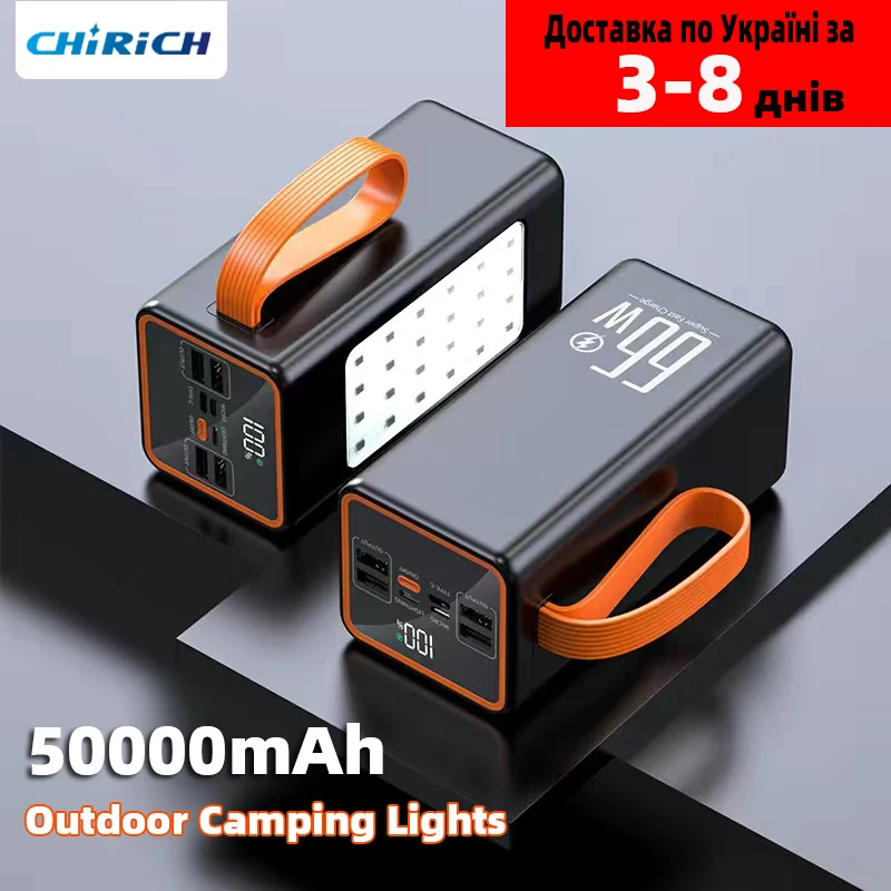 50000mAh Power Bank LED Light Rechargeable Lantern Portable 30000mAh Fast Charging Battery Camping Emergency Outdoor Night Light