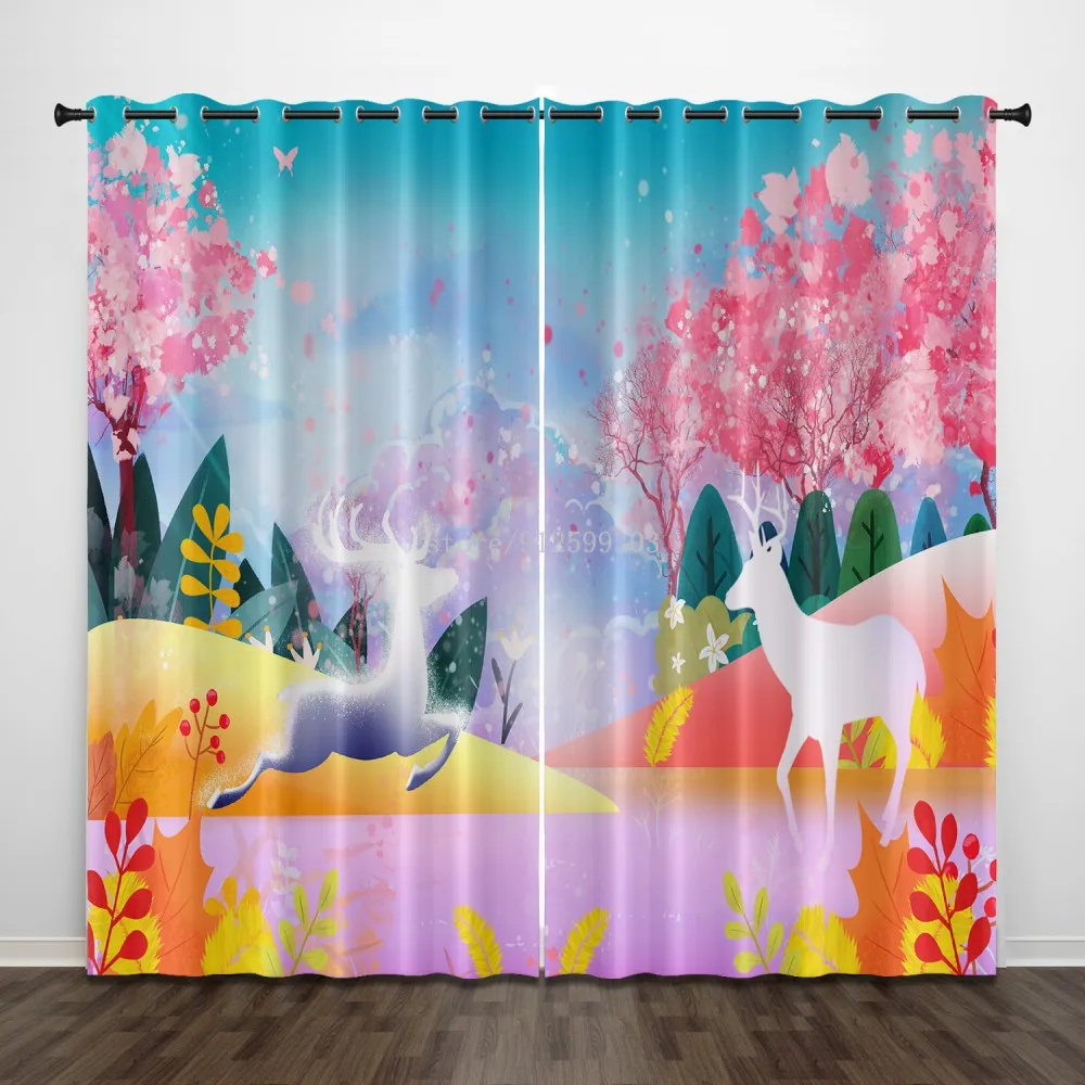 Animal Shading Curtain Luminous Elk Living Room Curtain Bedroom Blackout Curtain Home Decor Free Ring or Hook Blackout Curtain