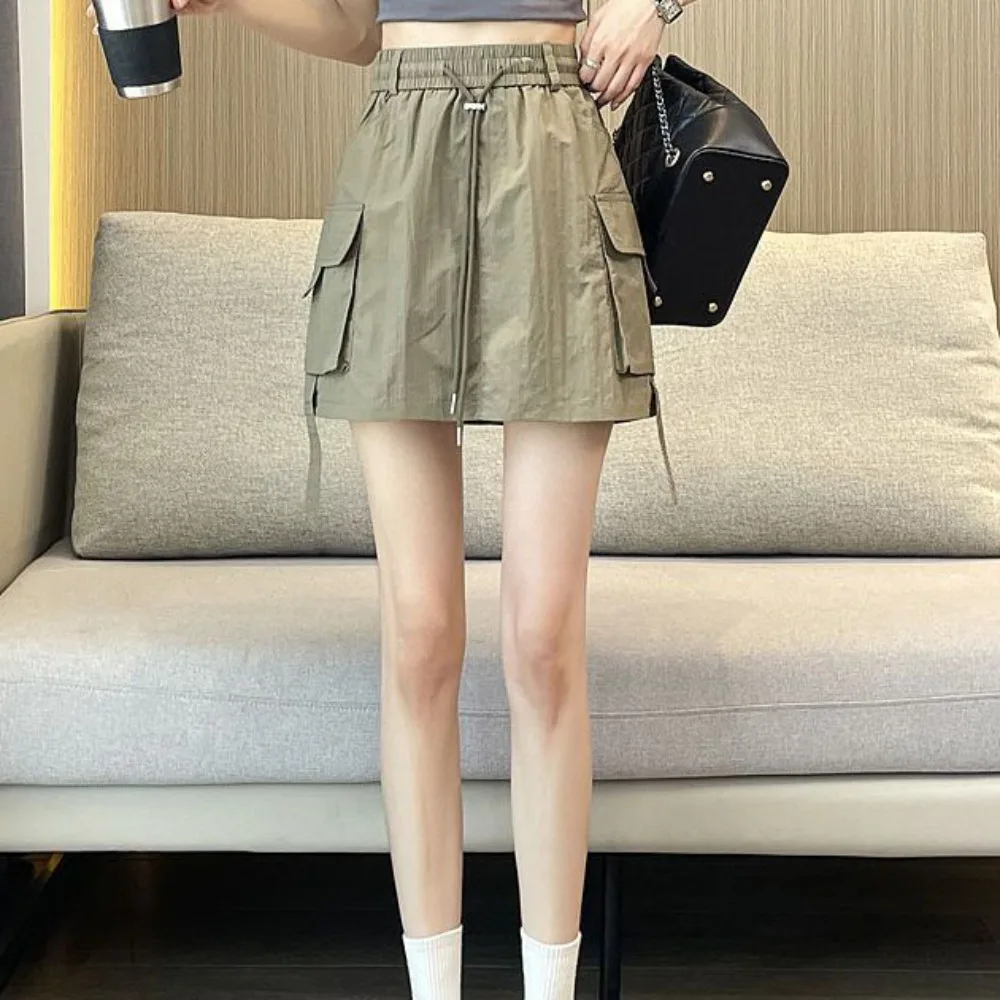 

Loose High Waist Skirt Lace Up Large Pocket Causal Skirts Women Drawstring Spicy Girl Style Wide Half Leg Skirts Summer