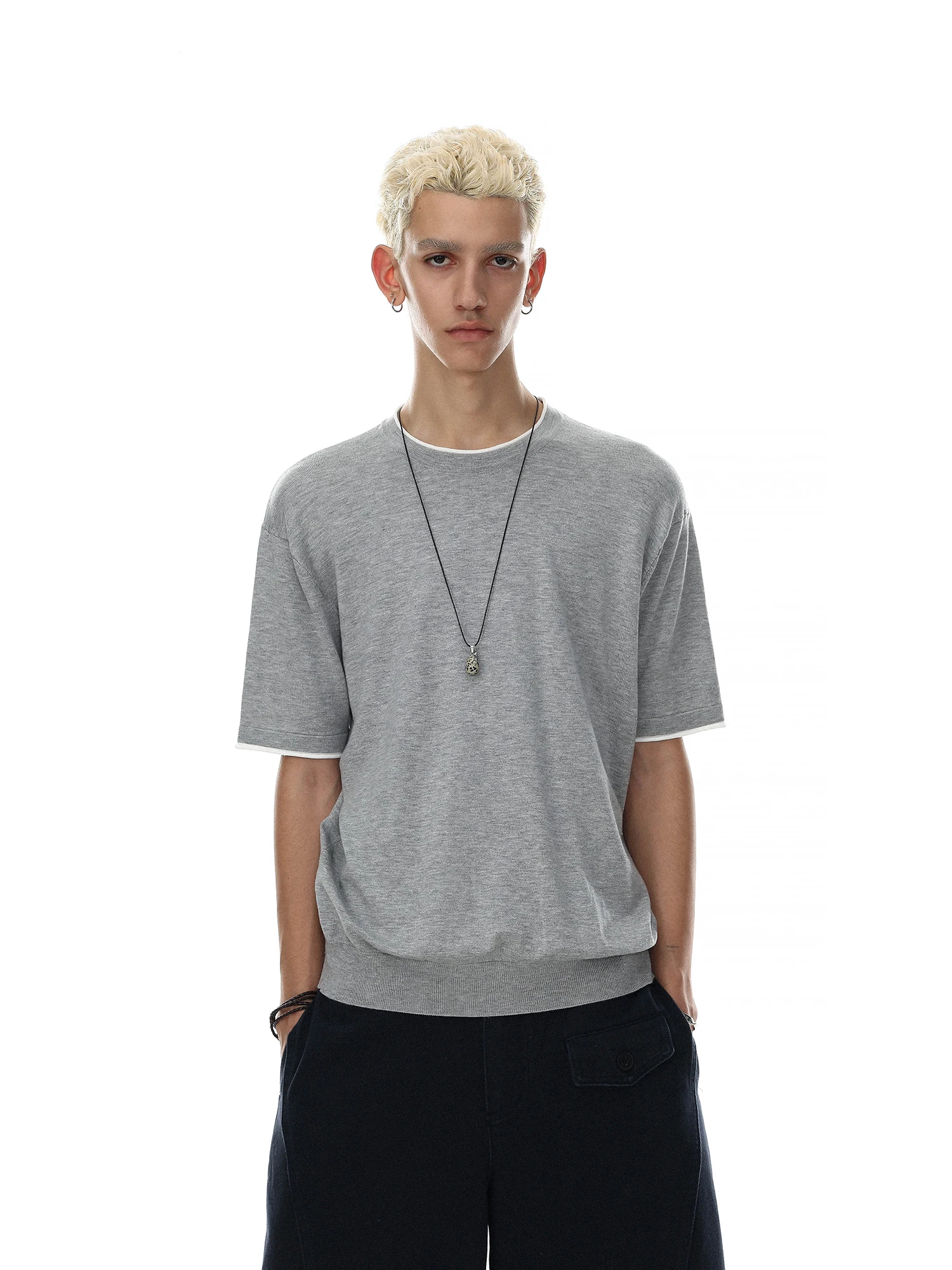 MRNEARLY American Retro Minimalist Color Block round Neck Short Sleeve Knitted Shirt Men Casual Top Trendy Soft Blend Fiber