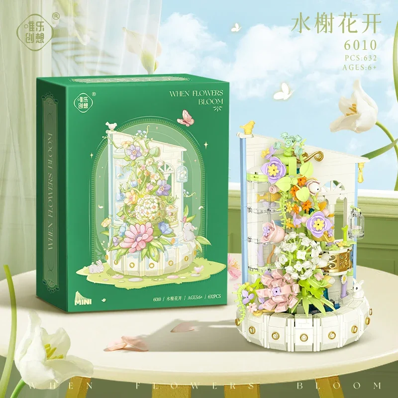 Water Pavilion Blooming Building Block Bouquet immortale Flower Flower Diary pianta in vaso Puzzle Collage regalo per bambini