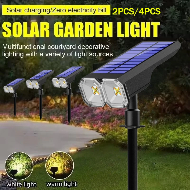 

Заземляющая вилка, солнечный светильник с двойной головкой, 10 светодиодов, водонепроницаемый, 4 умных режима освещения, датчик управления освещением для наружного сада