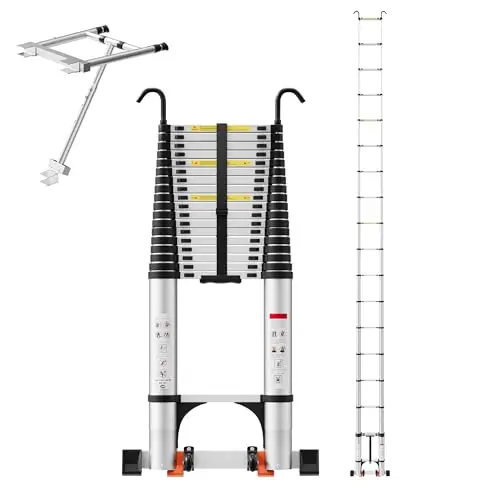 Telescoping Ladder, 27.6 FT Pro, 330 lbs Capacity; Silver | EN 131 Certified, Aluminum, Hooks, Wall Standoff