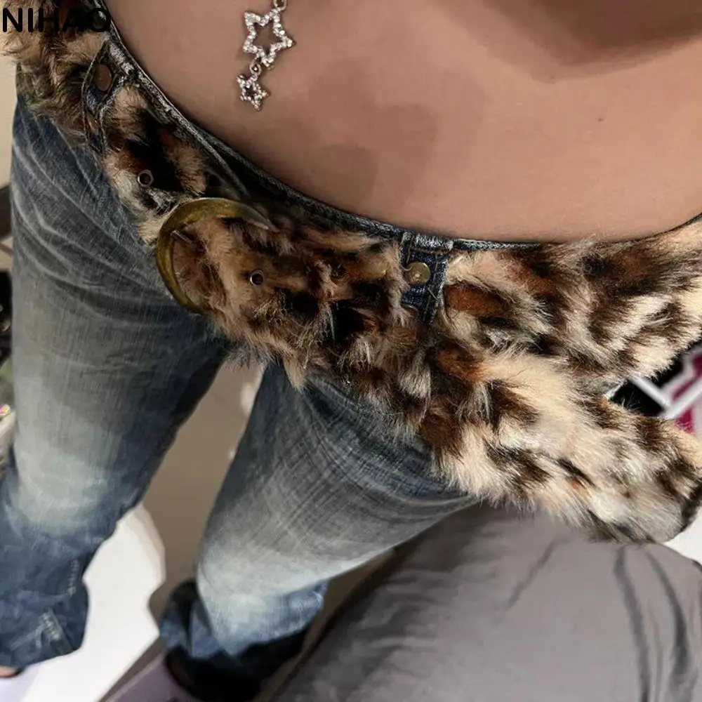 

Furry Leopard Print Plush Belt Jeans Decor Y2K Plush Tassels Waistband Harajuku Steampunk Jazz Dance Costumes Accessory