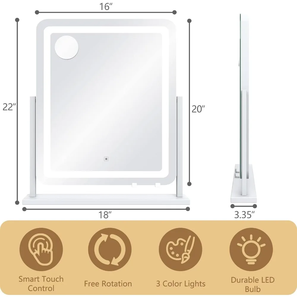 Makeup Vanity Mirror with Lights - 22" LED Lighted Mirror with 10X Magnification and USB Charging Port, Touch 3 Colors Dimmable