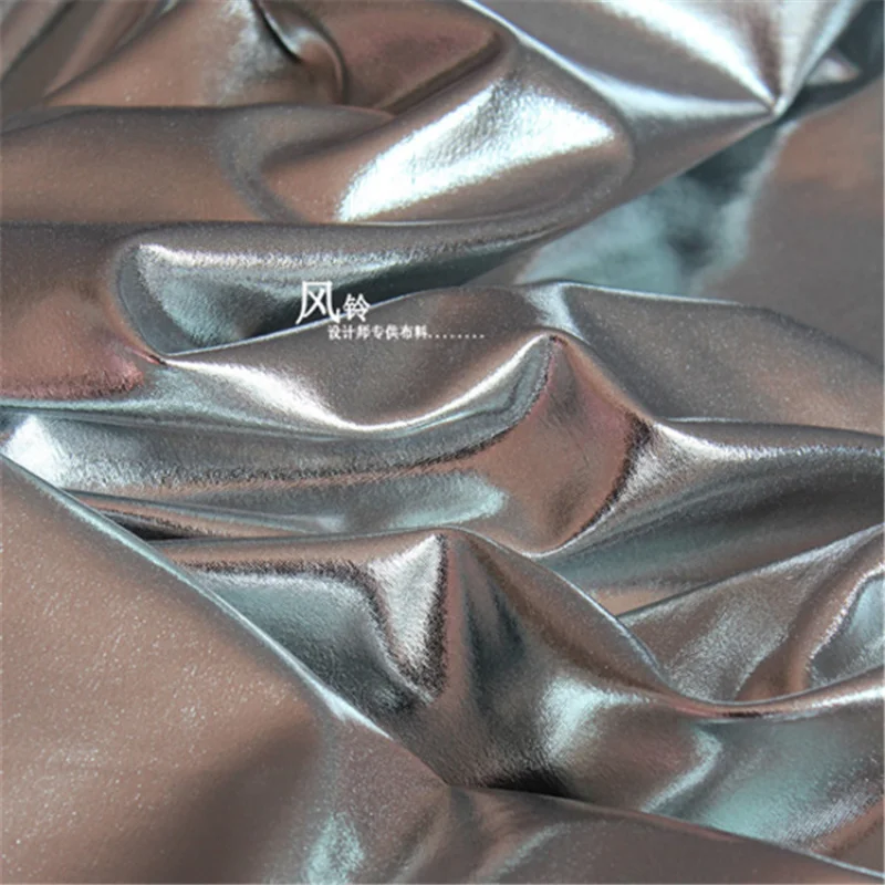 PU Coated Stretch Fabric Silver Imitation Leather Waterproof DIY Patches Decor Leggings Tights Dress Skirts Designer Fabric