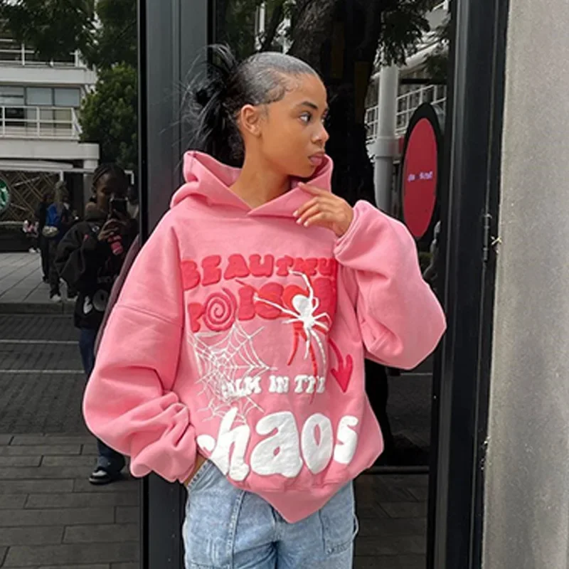 HOUZHOU Y2K Pink Hoodies Women Harajuku Graphic Sweatshirt Oversized Vintage Hip Hop Punk Long Sleeve Streetwear Autumn Winter