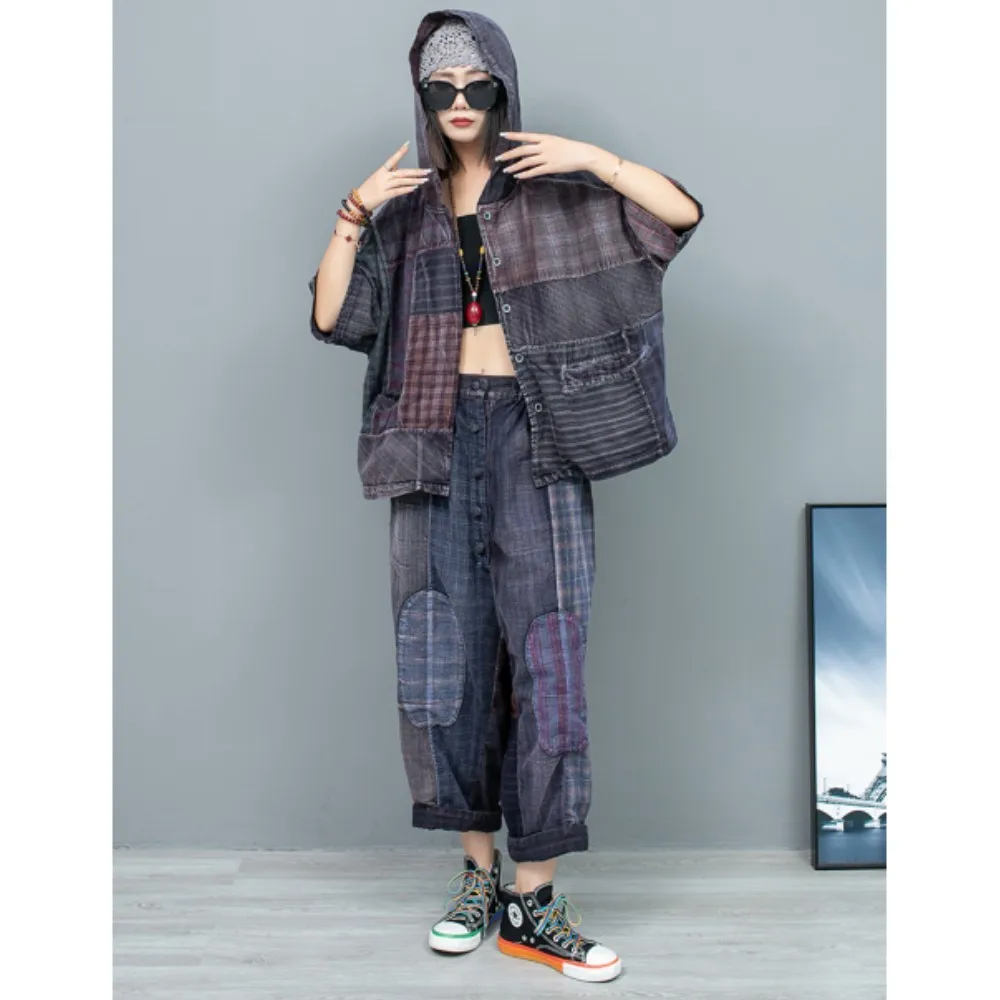 

Old Fabric Patchwork Hooded Short Sleeved Cardigan Jacket + Casual Pants Two-piece Set Women 2024 Autumn Loose Pant Set LX1941