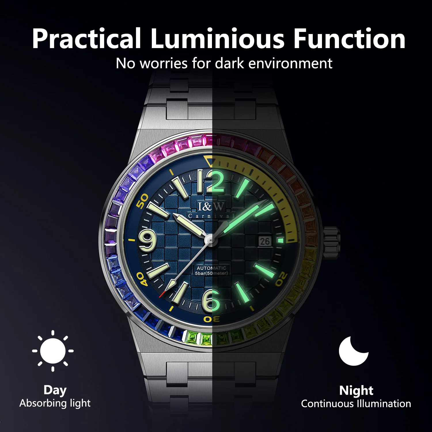 Men\'s Automatic Watch,42mm Luxury Mechanical Wristwatch Waterproof Sapphire Luminous Steel Strap Colored Diamond dial and Colore