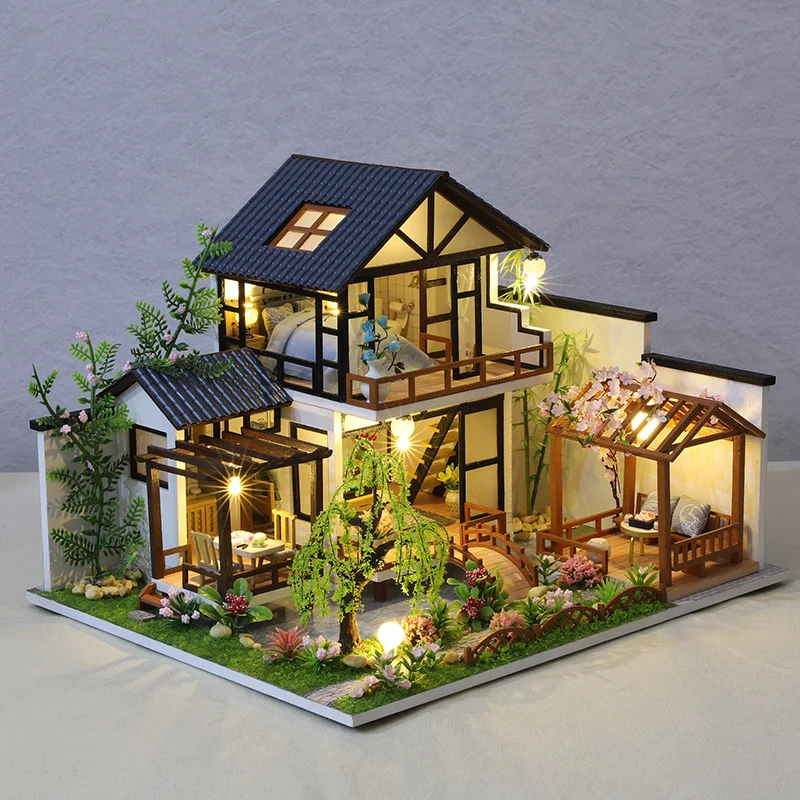 DIY Wooden Japanese Casa Miniature Building Kits with Led Light Assembled Dollhouse Bookshelf Home Decoration Friends Gifts