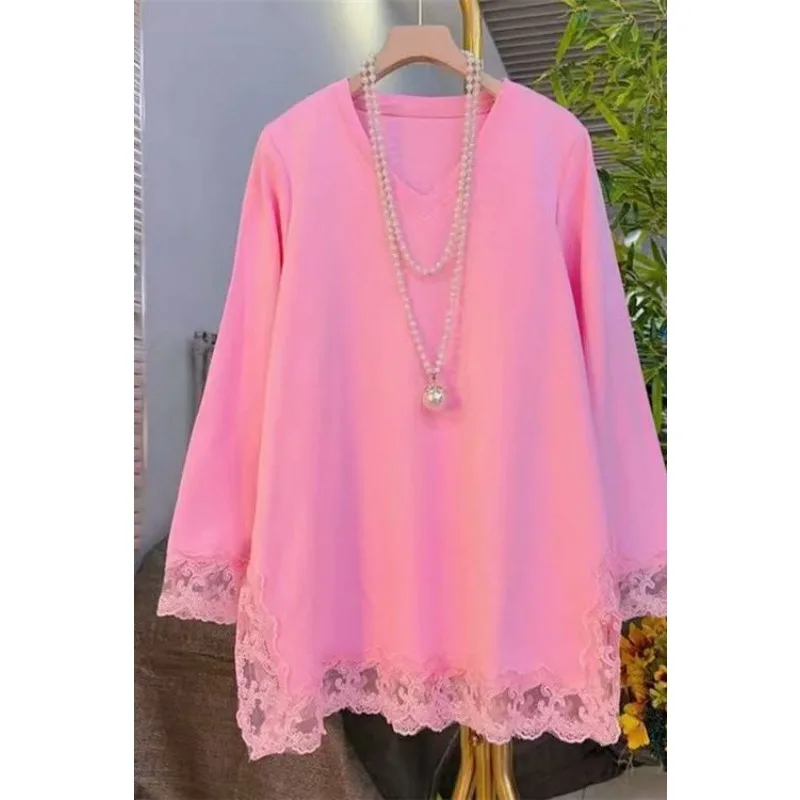 

Spring and Autumn Fashion Loose Medium-Length Solid Color V-neck T-shirt Lace Spliced Base Long Sleeve Top for Women