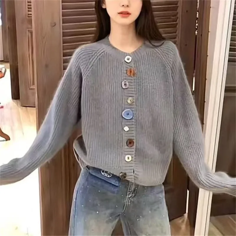 여성용 캐주얼 기본 긴팔 가디건 가을 빈티지 니트웨어 탑스
