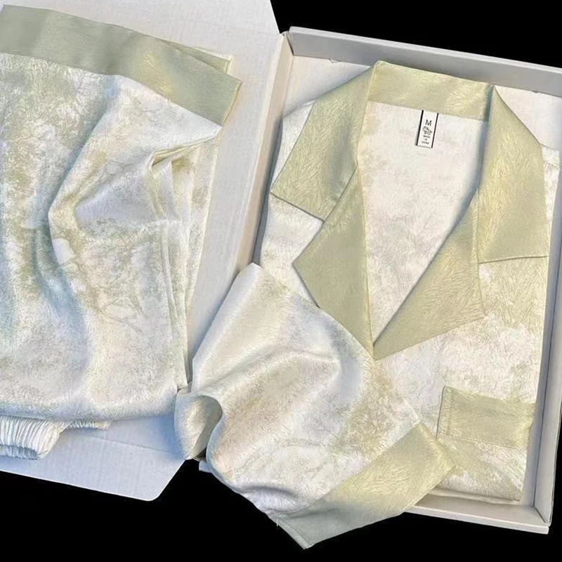 Neue Eis Seide Frauen Pyjama Revers Taste Strickjacke Outfits für Frauen 2-teiliges Set Mode Druck Set Kleidung für Frauen – Detail 3