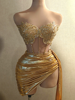 Women Glitter Top Two Pieces Short Skirt Sets Sexy Strapless Sequins Rhinestone Luxury Gold Dress Design 2024 Stage Show Outfit