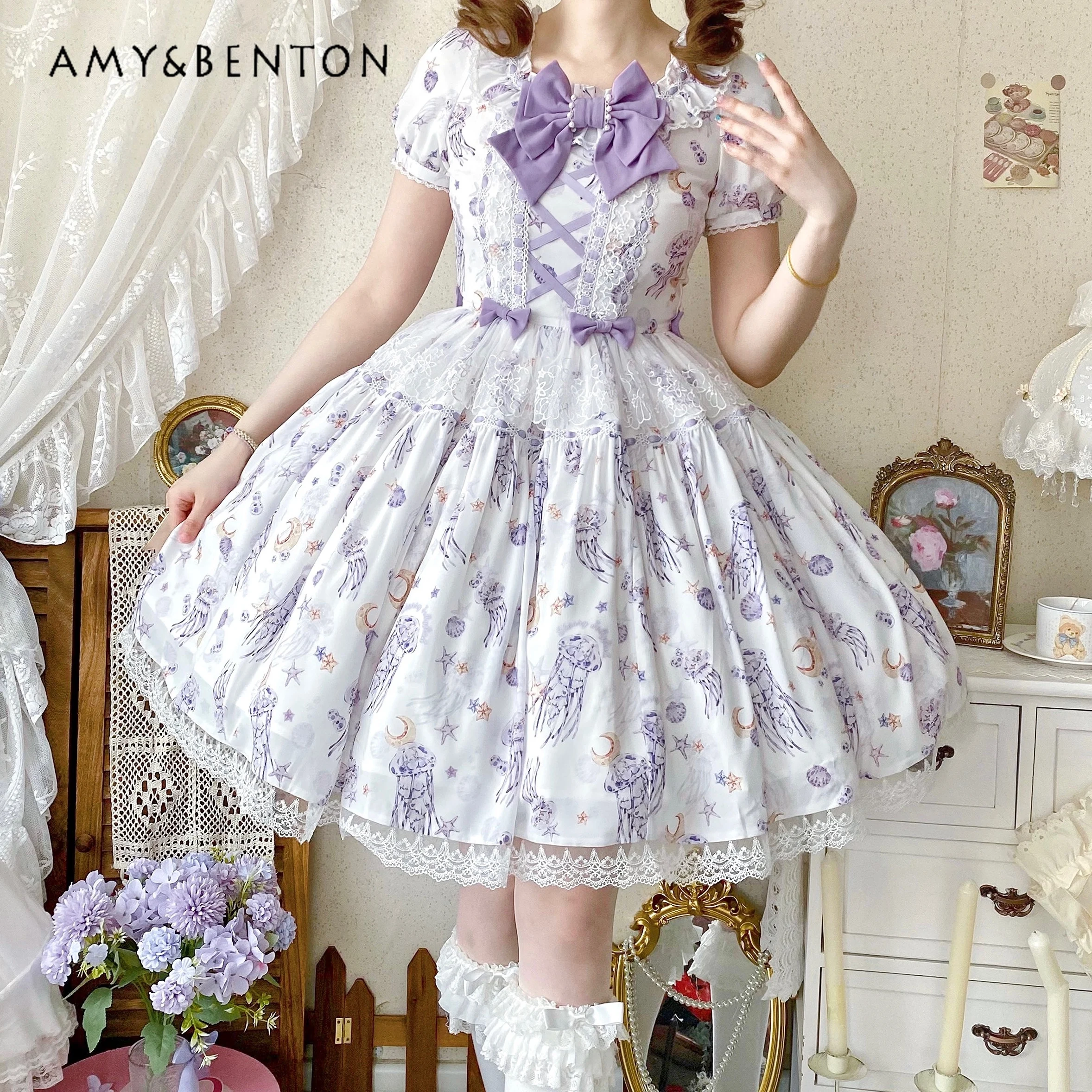 Vestido elegante estilo hada Lolita Puff estilo Pastoral Vintage princesa JSK vestido dulce lindo arco ajustado vestido de longitud media para mujer