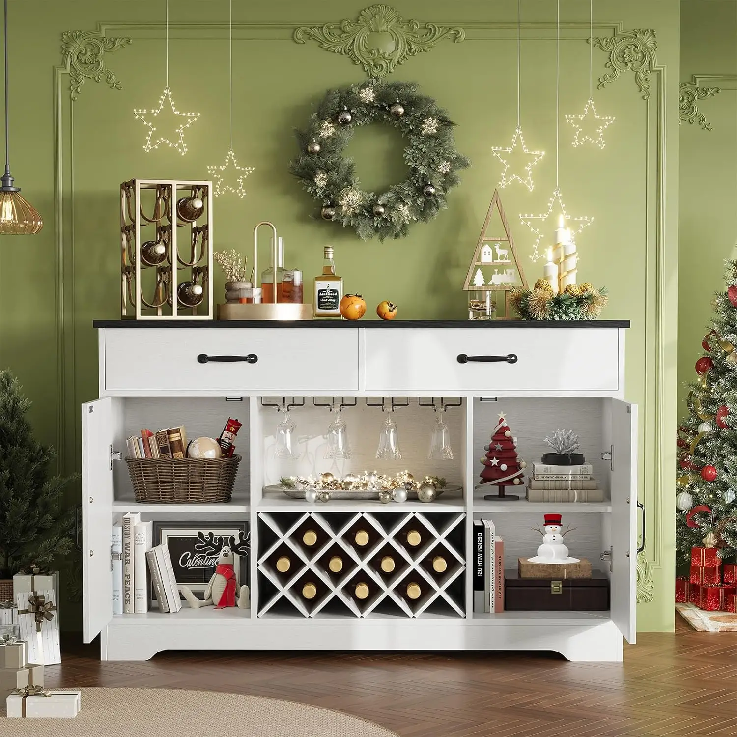 

55" Farmhouse Bar Cabinet with Removeable Wine Gid, Kitchen Coffee Bar Cabinet with 2 Drawers and 9 Wine Racks, Customized