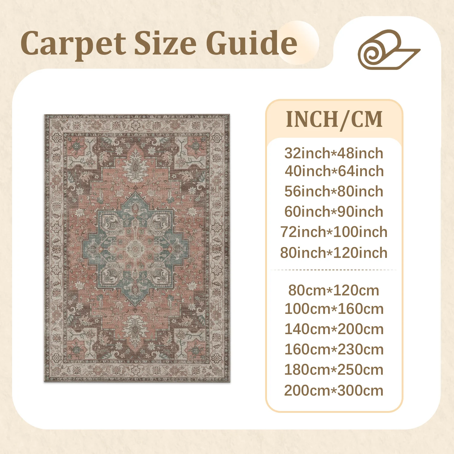 Large Indoor Area Rug, Soft Velvet Low Pile Rug with Non-Slip Dotted Backing, Machine Washable Vintage Persian Medallion Area Rug in Terracotta & Muted Blue for Living Room, Bedroom Home Decor