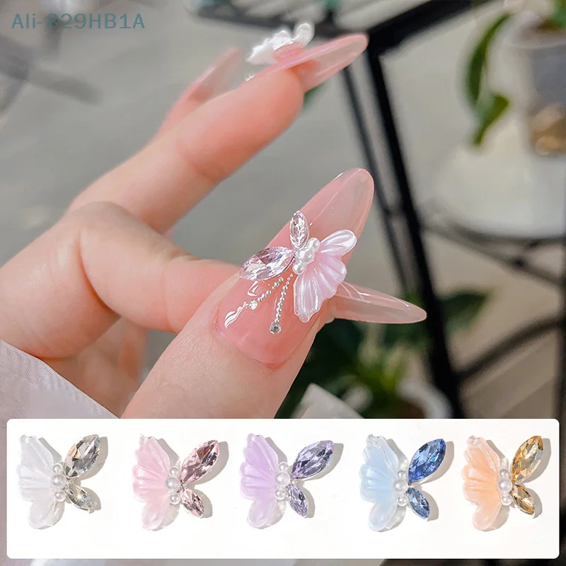 Abalorios de cristal en forma de mariposa para decoración de uñas, 2 piezas, diamantes de imitación de perlas, manualidades 3D para salón de manicura, regalo