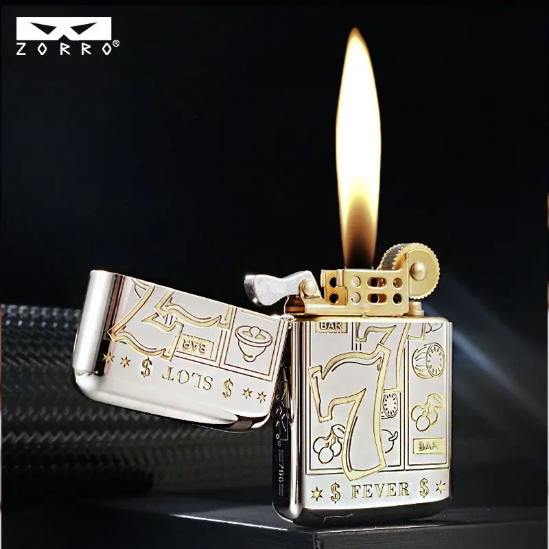 

【ZORRO】Ультратонкая ветрозащитная керосиновая зажигалка Zorro с гравировкой Lucky 777, персонализированный дизайн в подарок для вашего парня