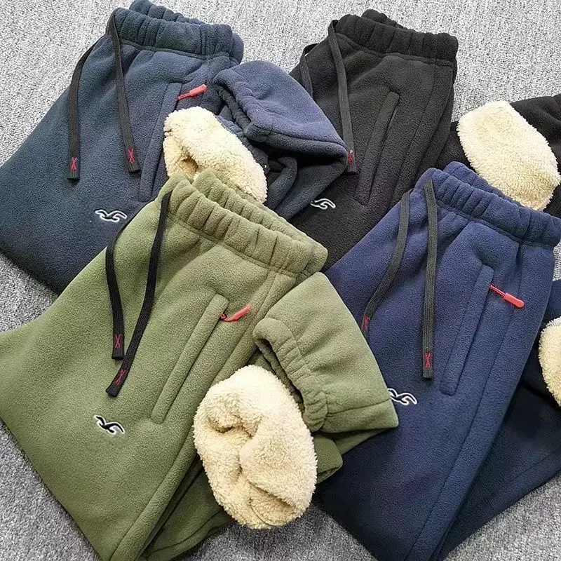 

Winter Lambswool Warm Casual Pants Men Drawstring Casual Comfortable Gym Sweatpants Zipper Pocket Mid Waist Thick Warm Trousers