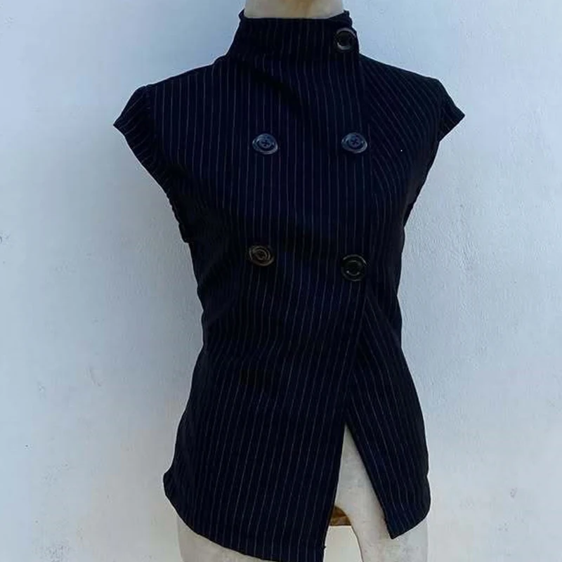 Pinstripe vertical collar and double-breasted slim waist slimming summer commuter sleeveless top Ins Style