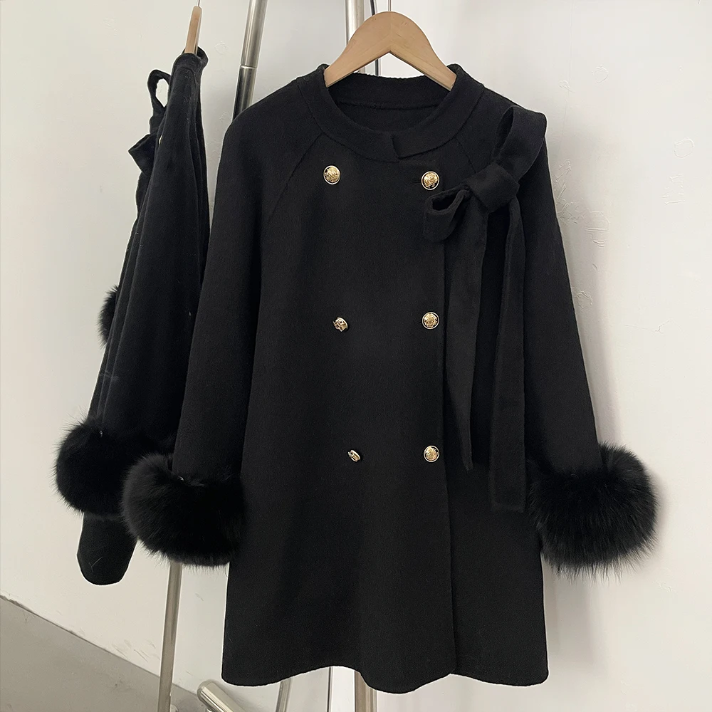 OFTBUY Schleifen-Wolljacke Mittellang Rundhals 100% Wollmantel Damen Neu Herbst Winter Doppelreihiger Echter Fuchspelz Wollkleidung – Detail 12