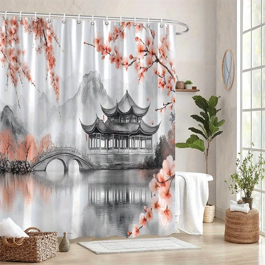 1 шт., китайская садовая занавеска для душа Serene с павильонами и вишней — дизайн акварели Tranquil, туманные горы и камень B