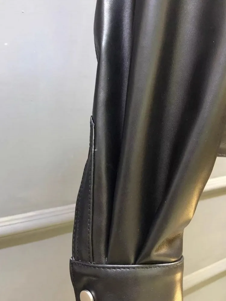 PUNK STAND COLLAR ผู้หญิงของแท้หนังซิปแขนยาว Sashes Cargo Outerwear Streetwear Sheepskin รถจักรยานยนต์สั้นเสื้อ