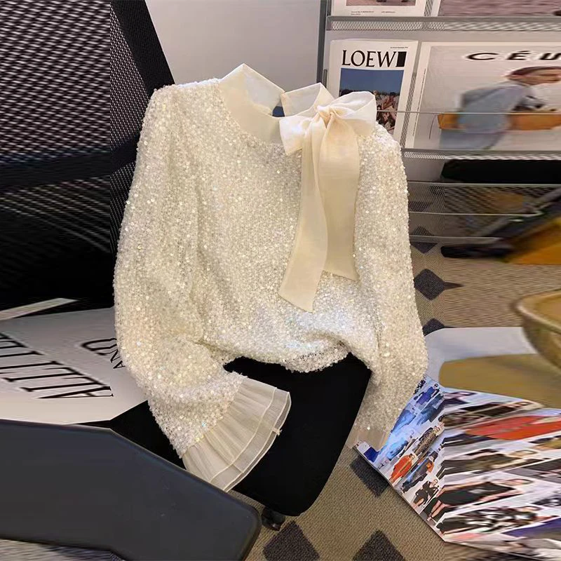 Celebrity sequined bow shirt women's 2025 autumn new Korean chic horn long-sleeved bottoming top