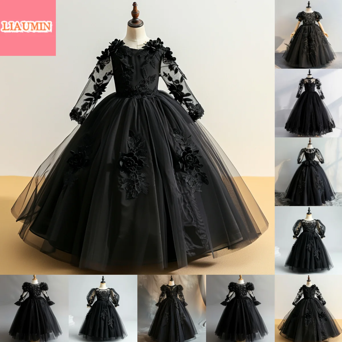 Black Tulle Lace Applique O Neck Short Sleeve Flower Girl Dresses Brithday Princess First Communion Pageant Skirt Custom W9-19