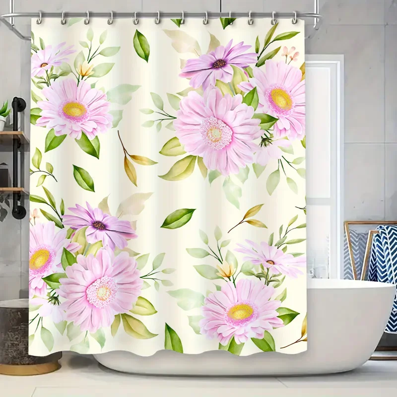 

Pink Daisy Shower Curtain Flower Print Waterproof Fabric Bathroom Decor Floral Bath Mat Set
