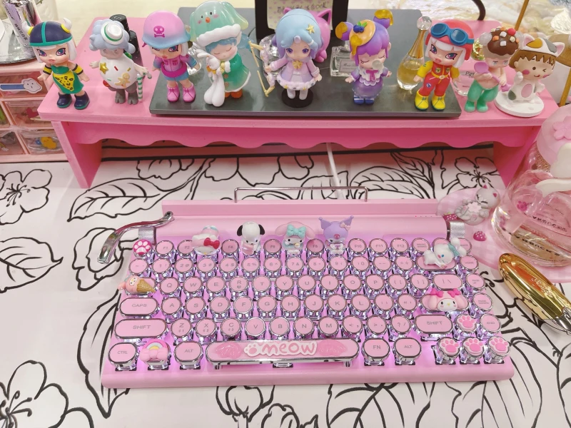 Cartoon Kitty Cat Rabbit pink Bluetooth typewriter keyboard Retro dot 83 key white backlight Wireless wired Mechanical keyboard