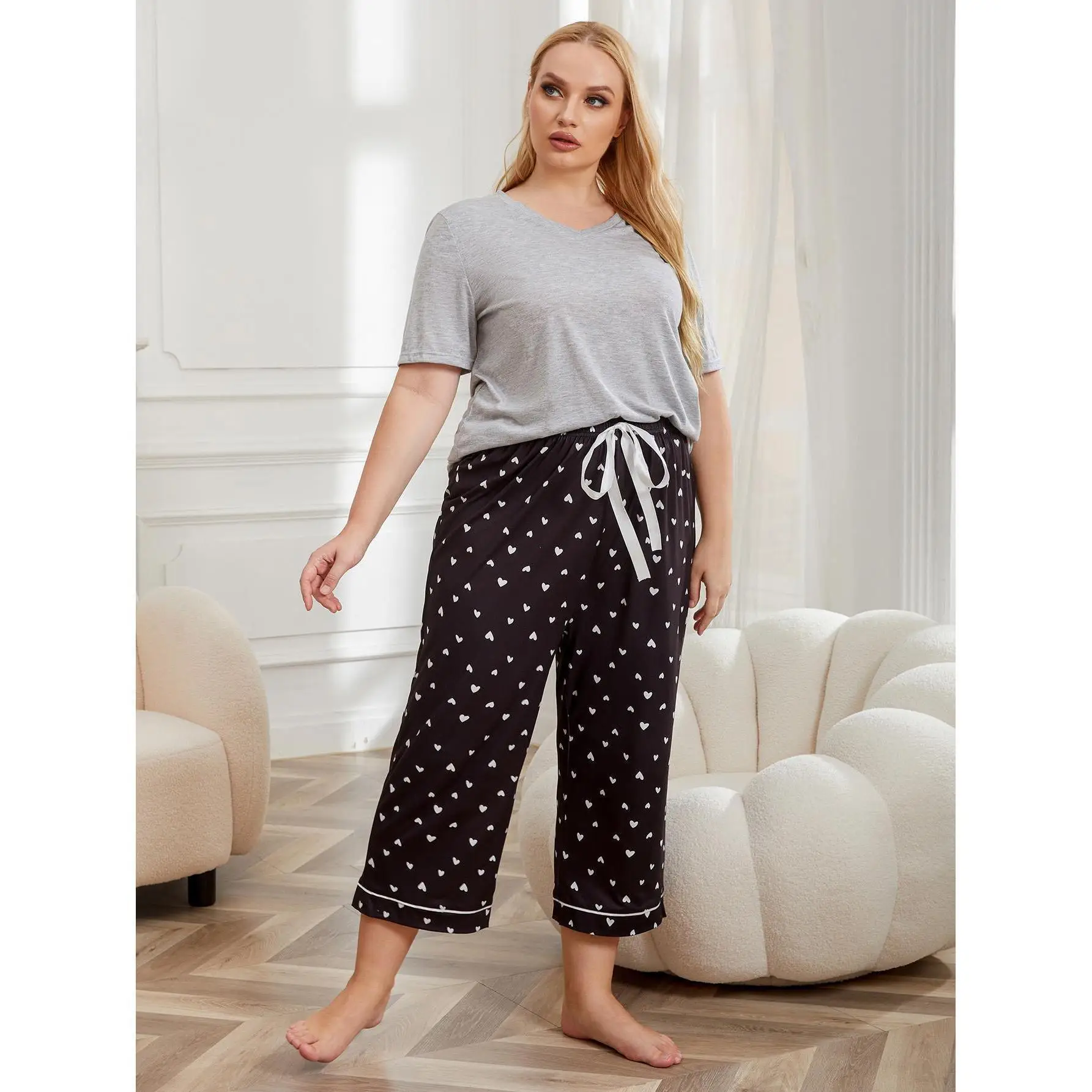 

Large Size Pajamas For Women In Summer, Loose And Casual, Plus Short Sleeves, Long Pants, Home Clothes, Two-Piece Set