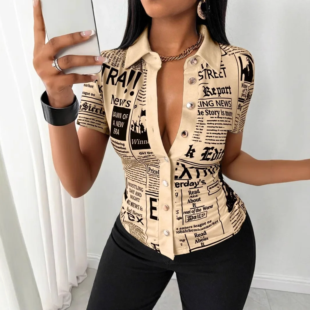 

Women's Fashion Newspaper Printed Single Breasted Blouse Shirt Ladies Casual Elegant V-neck Long Sleeved Top Shirt Shirt