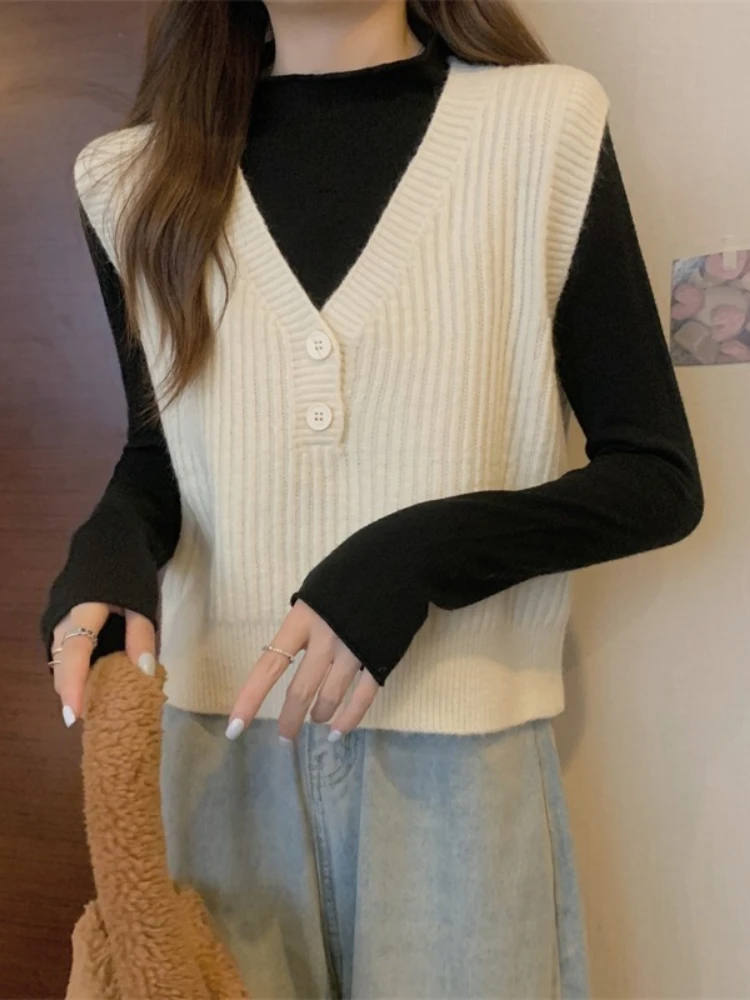 

Preppy Sleeveless Vest Knitted Vest Women's Autumn Winter Korean Sweet Style Outerwear Sweater Jumper V-neck Casual Knitted Vest