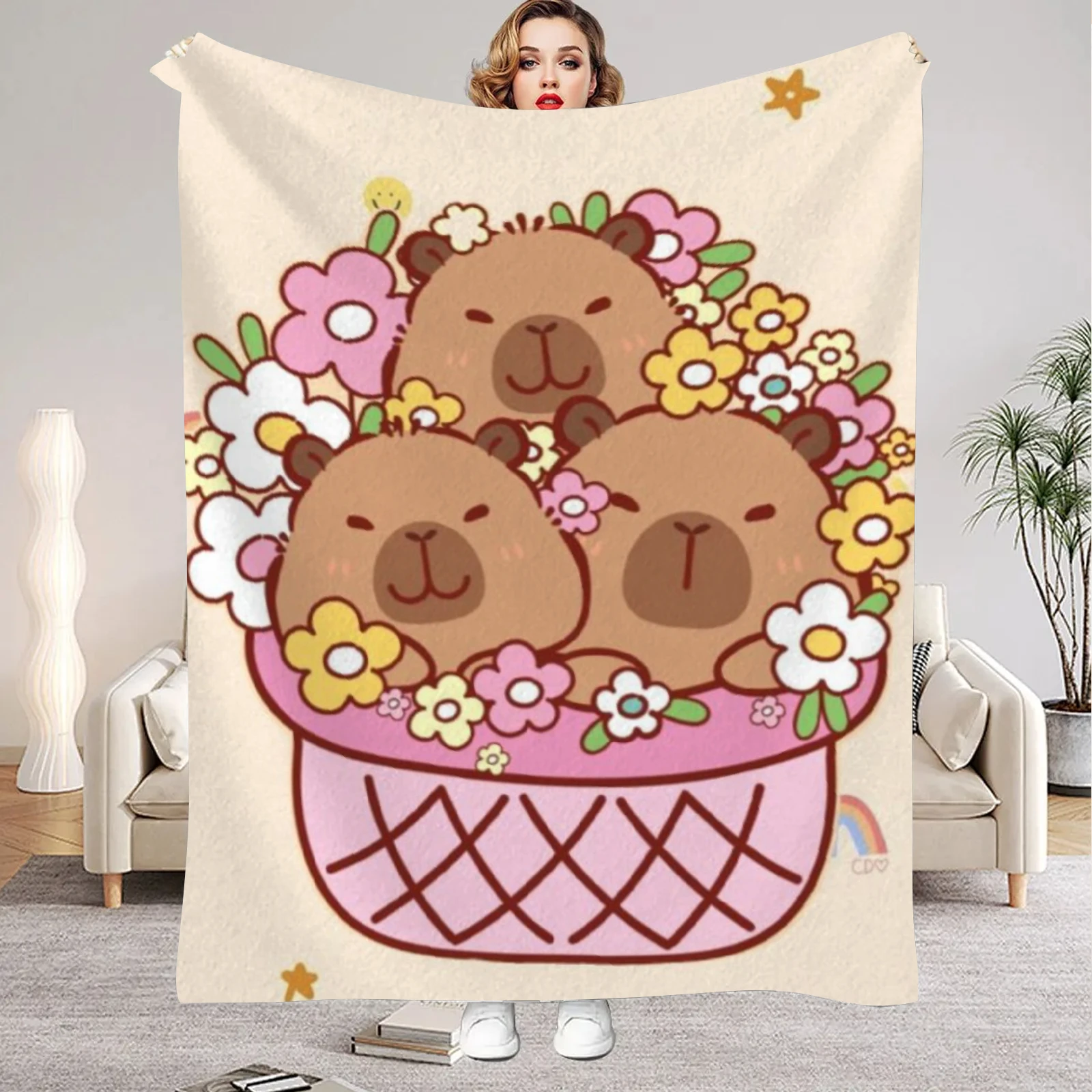 1Pc Pink Digital Printed Capybara Style Flannel Blanket Mattress Cover Blanket for Family Beds,Sofas,Offices,Outdoor Camping