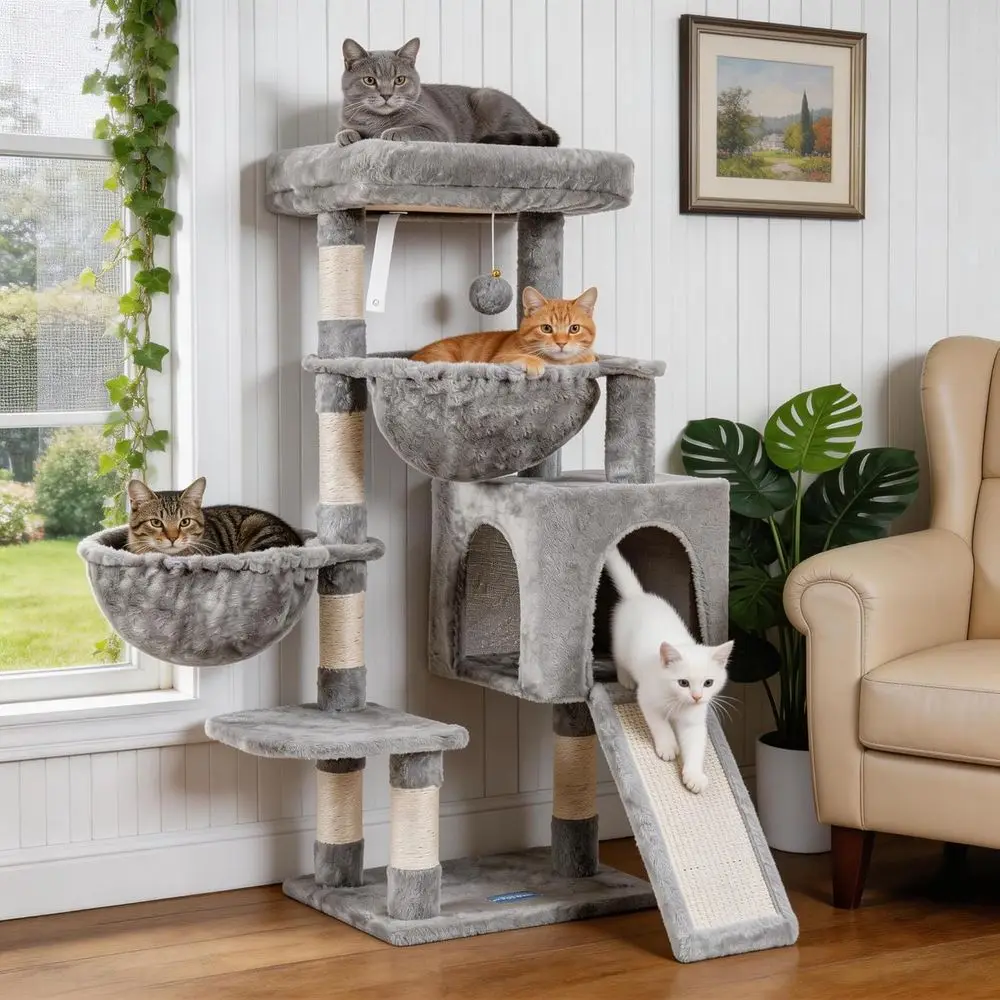 

Indoor Cat Tree with Large Padded Bed, Cozy Condo, Hammocks, Sisal Scratching Posts, and Big Scratcher in Light Gray