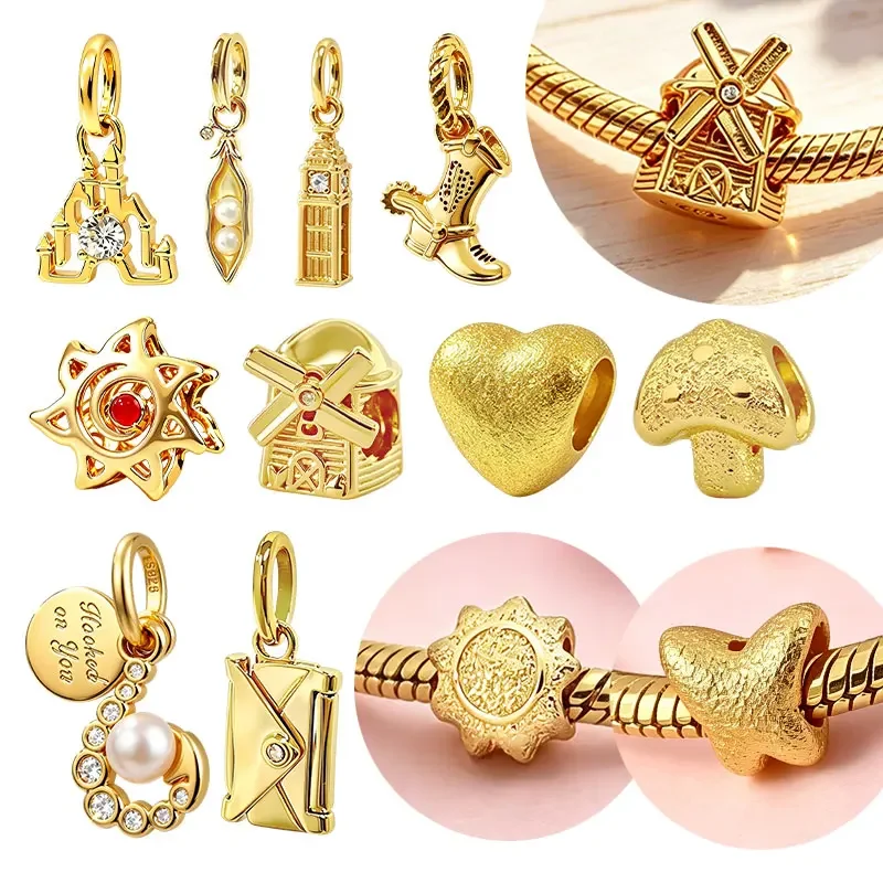 Original Vergoldete 925 Silber Reise-Charms Schloss Windmühle Big Ben Herz Zirkon Perlen Passend für Armbänder DIY Schmuck Geschenke für Frauen