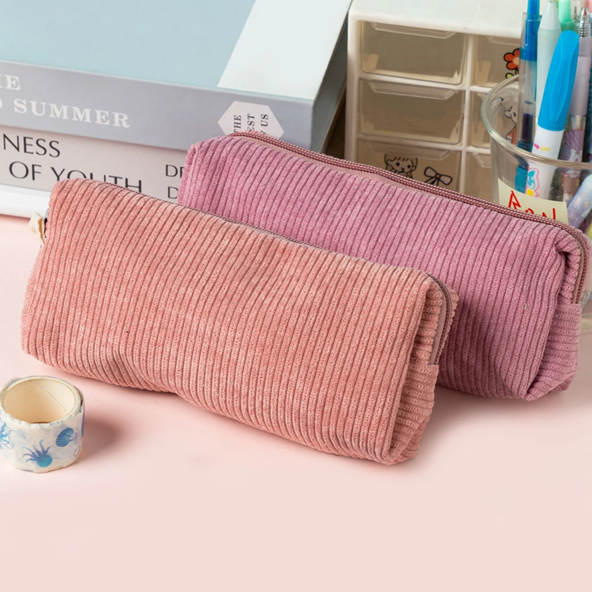 Corduroy Retro Pencil Case, Large Capacity Aesthetic Pen Pouch Organizer for Students, Simple Fabric School Pencil Bag Zipper