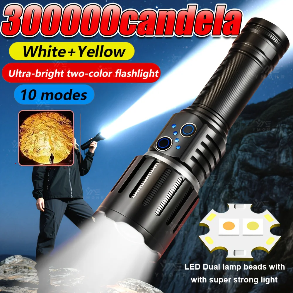 Dual Laser Rechargeable LED Flashlight 18650 Battery Flashlights High Power Display Tactical Flashlight Torch Camping Fishing