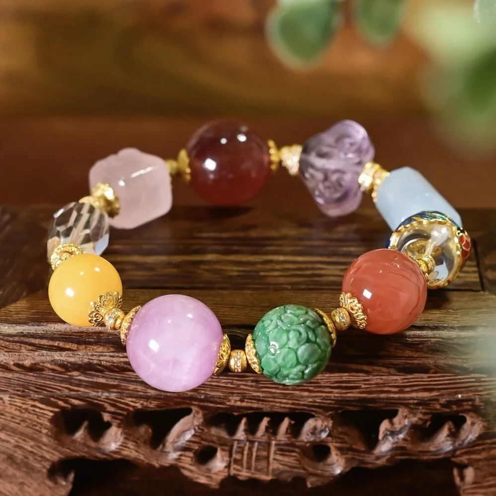 Natural Mixed Multi Gemstone Bracelet Kunzite Jadeite Beeswax Nanhong Agate Aquamarine S925 Silver Women Wrist Jewelry